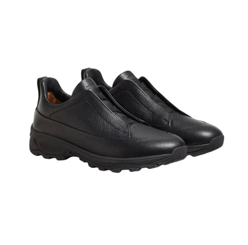Zegna - Triple Stitch Monte Grained Calf Leather Black Slip On Sneakers