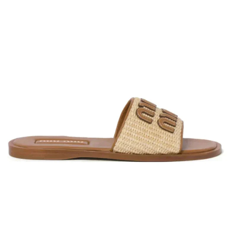 MIU MIU Raffia-effect woven fabric slides Natural